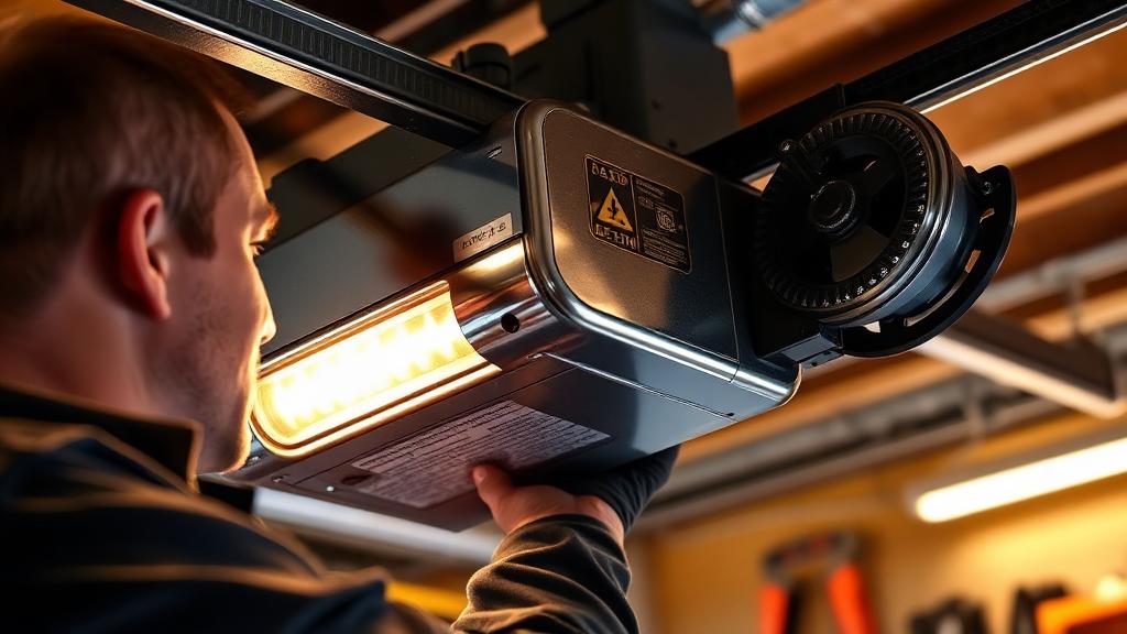 Technician troubleshooting a garage door opener