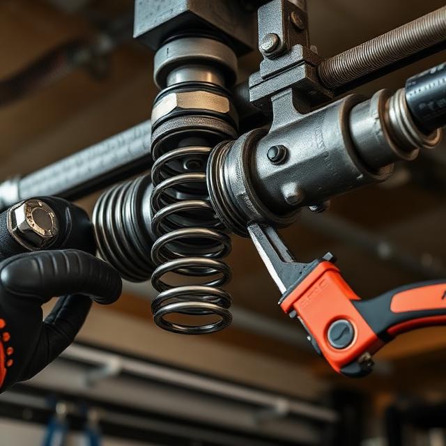 Close-up of garage door spring replacement